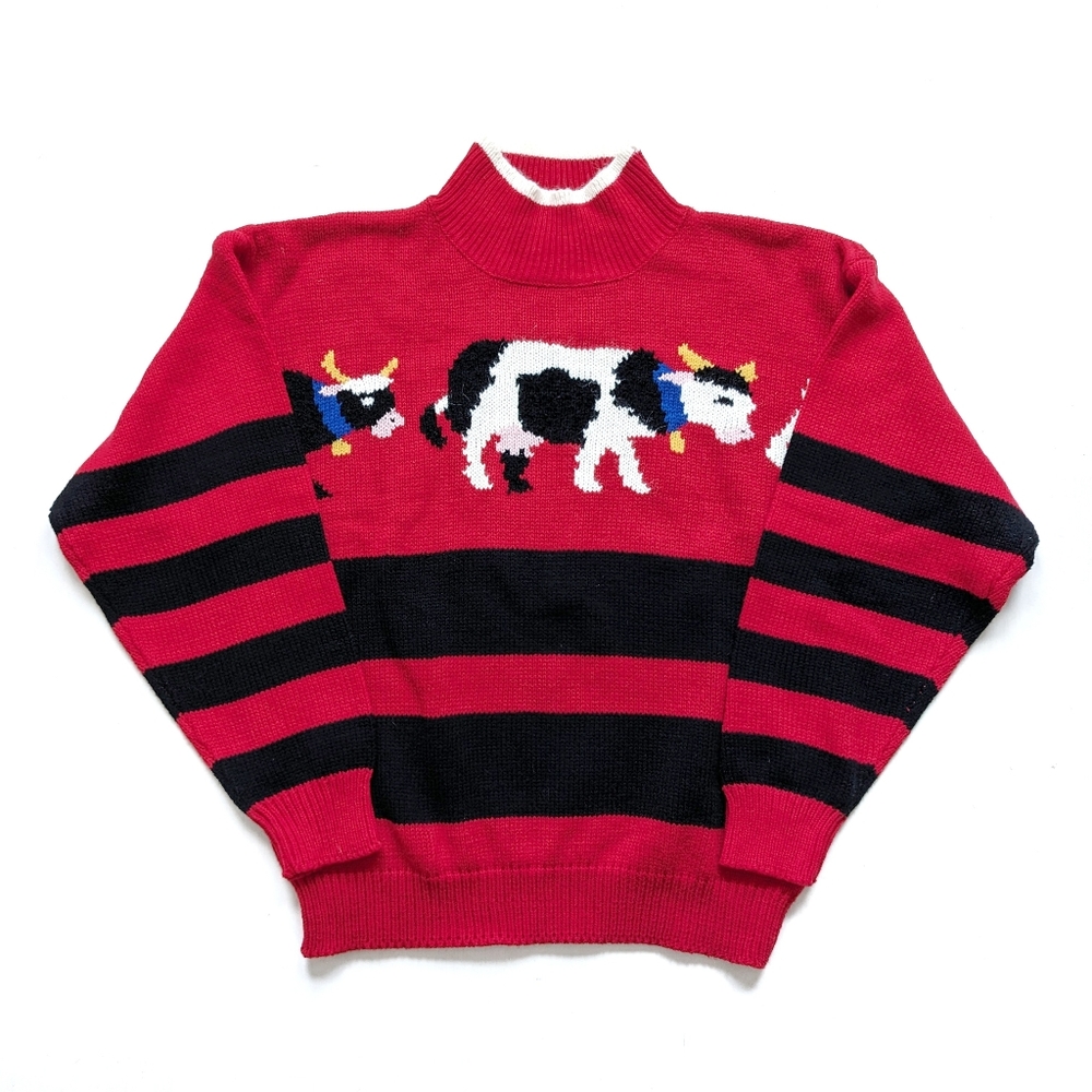 Vintage Red and Black Striped Cow Animal Sweater Size L
